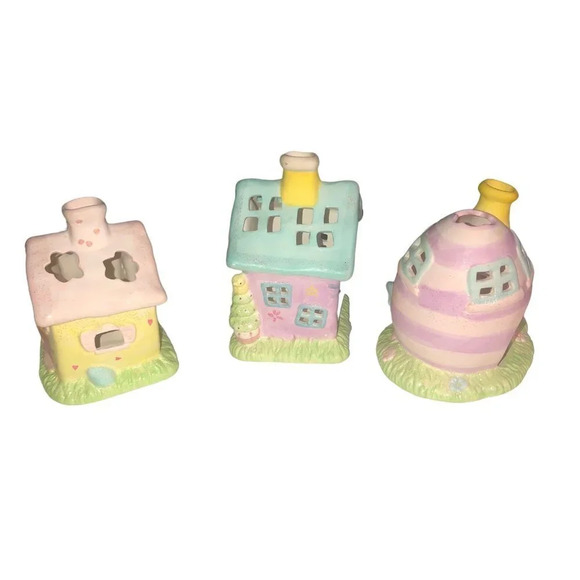 Vintage RUSS BERRIE Glitter Glam Easter Bunny Houses Votive Candle Holder Set 3 - Picture 5 of 9